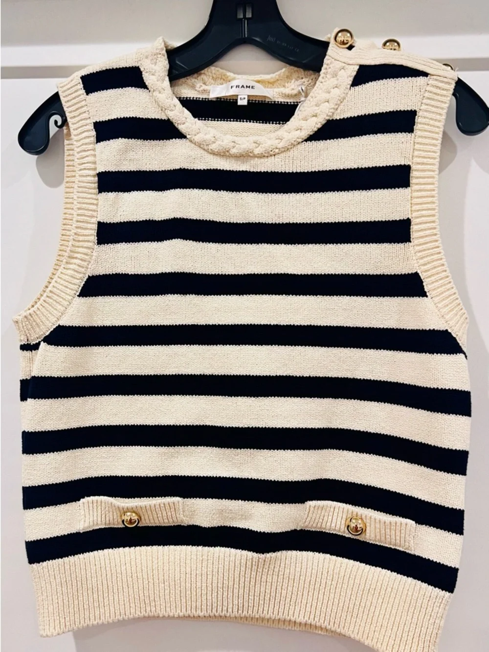FRAME Harbor Striped Knit Vest Cream Navy Gold Button Nautical Coastal Chic S - Picture 4 of 10